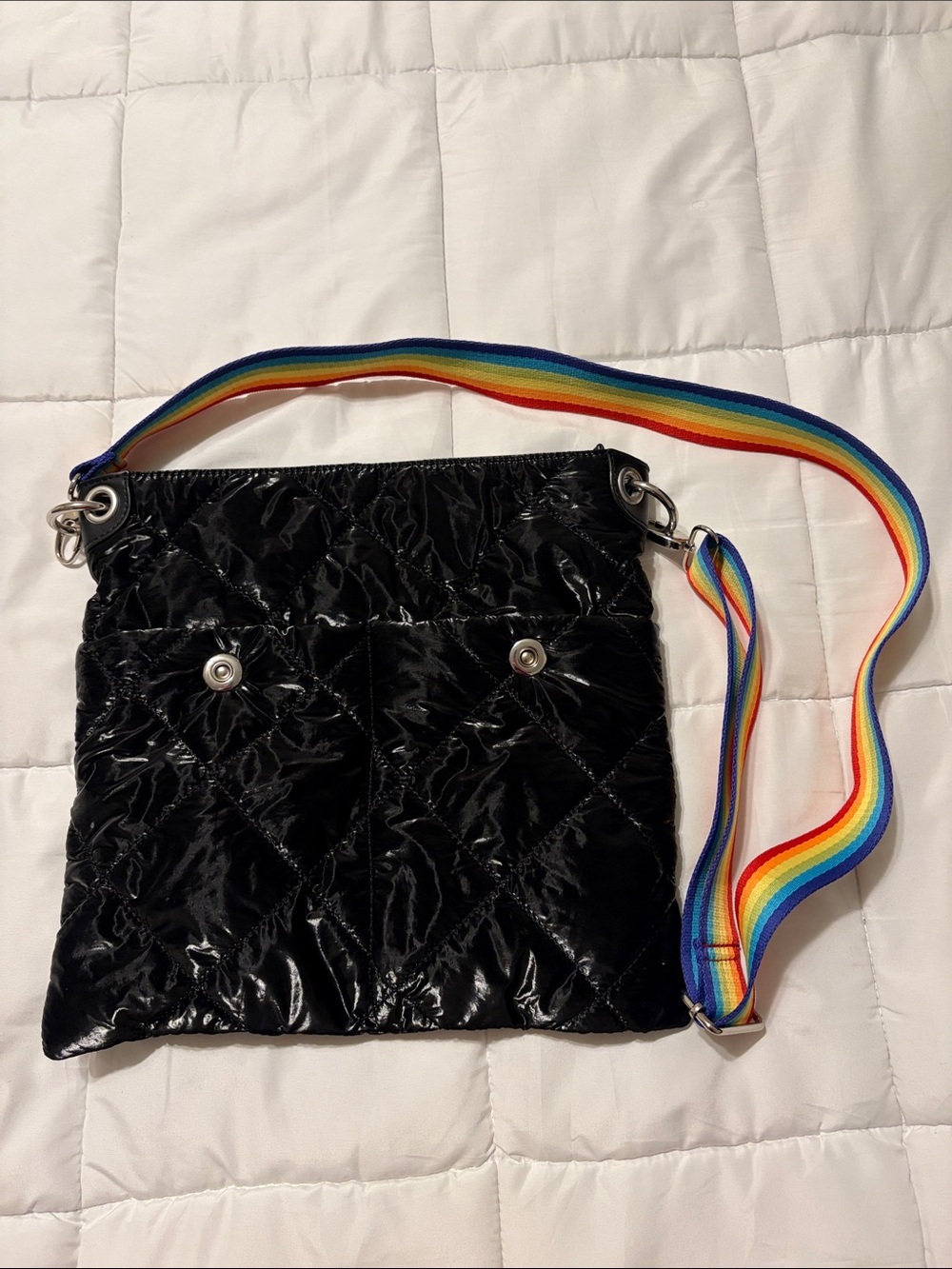Sondra Roberts Squared Black Nylon Puffy Crossbody Bag Rainbow Guitar Strap